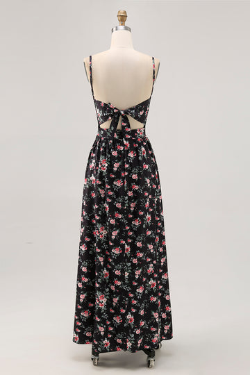 Black Flower Cut Out A Line Long Wedding Guest Dress